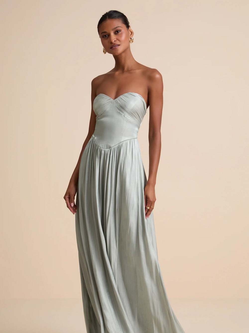 Lulus Kylin Sage Satin Basque Waist Maxi Dress Size Small